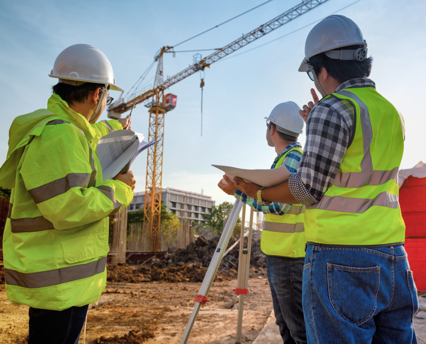 Back view of construction workers at site pointing to crane